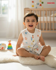 Child wearing muslin jabla and short set sitting on a rug in a bright room with toys and a crib in the background, wearing a colorful bib.
