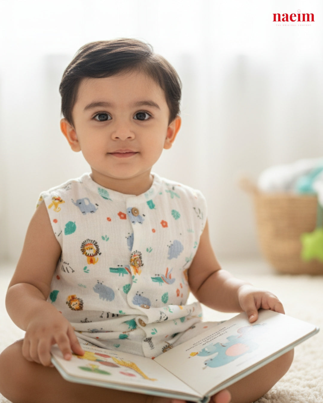 Child wearing a muslin jabla with animal prints, holding a book, on a light background.
