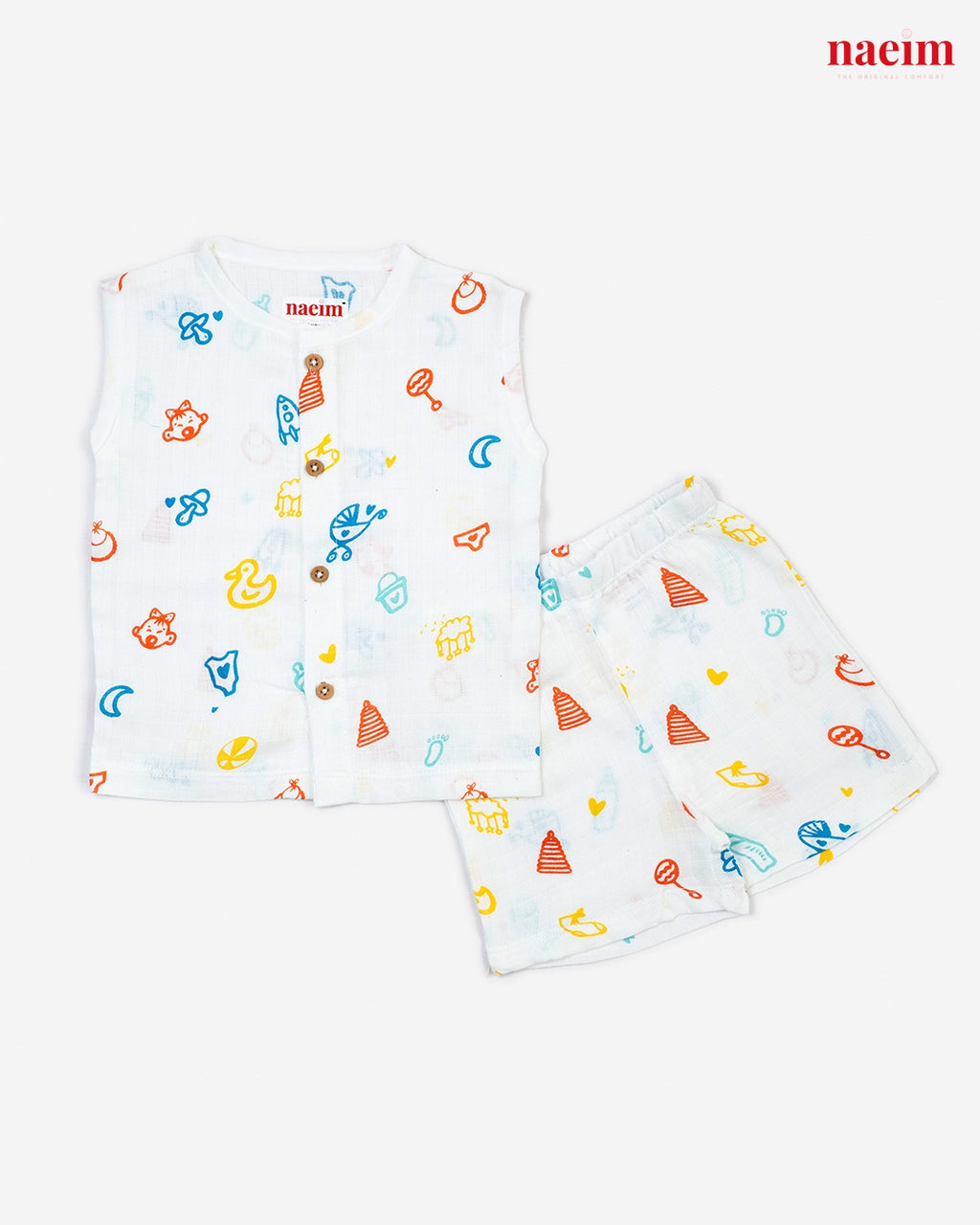 muslin jabla and short set with colorful patterns on a white background, featuring the brand 'naemi'.