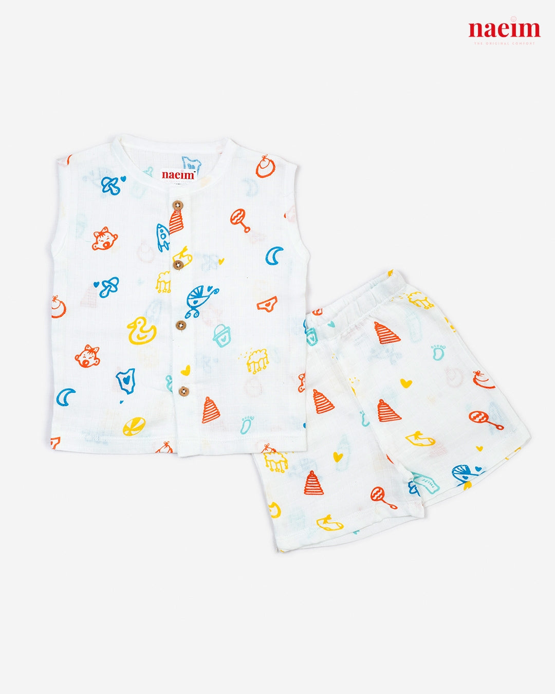 muslin jabla and short set with colorful patterns on a white background, featuring the brand 'naemi'.