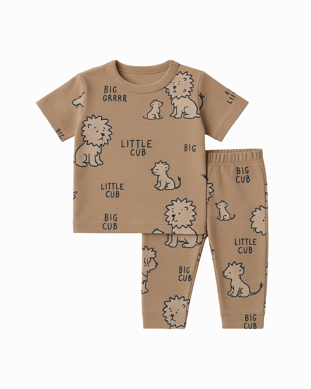 Children's pajama set with lion prints and text on a beige background