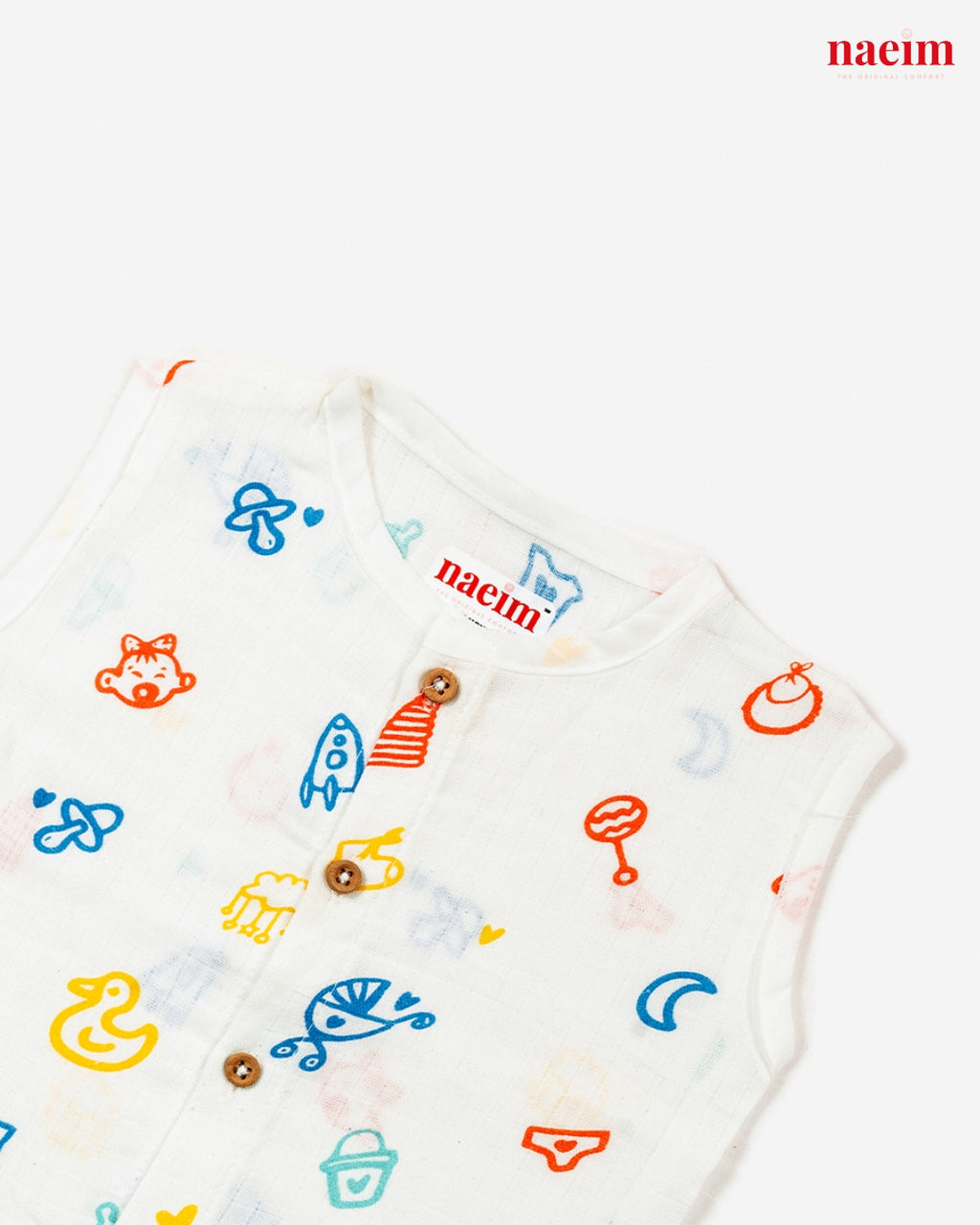 Baby jabla with colorful cartoon patterns on a white background, featuring the brand 'naeim'.