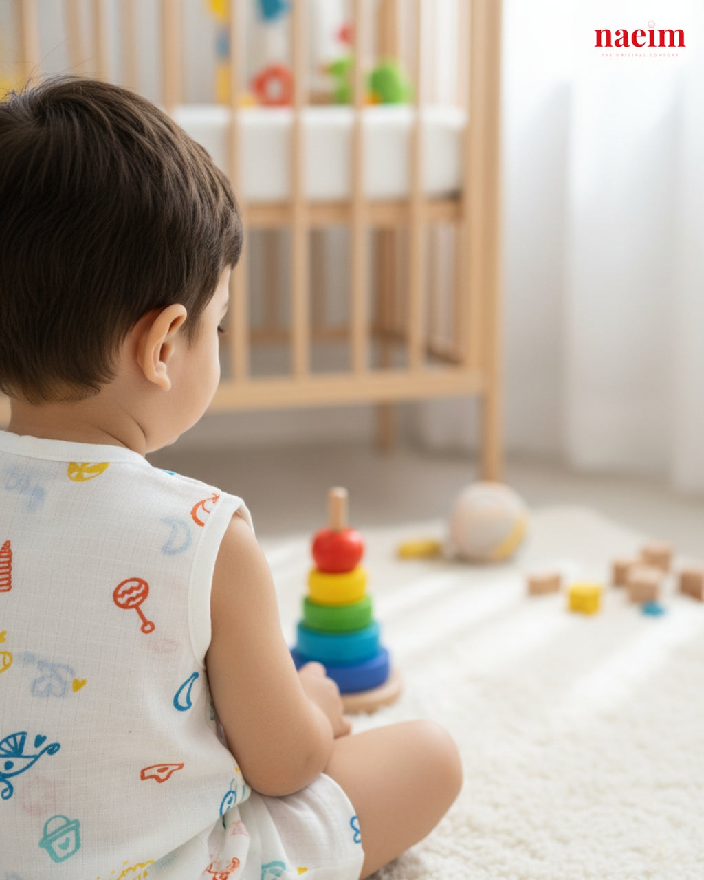 Child  wearing muslin jabla and short set sitting on the floor in a nursery with colorful toys and a crib in the background.