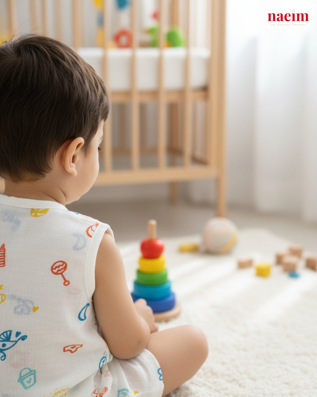 Child  wearing muslin jabla and short set sitting on the floor in a nursery with colorful toys and a crib in the background.