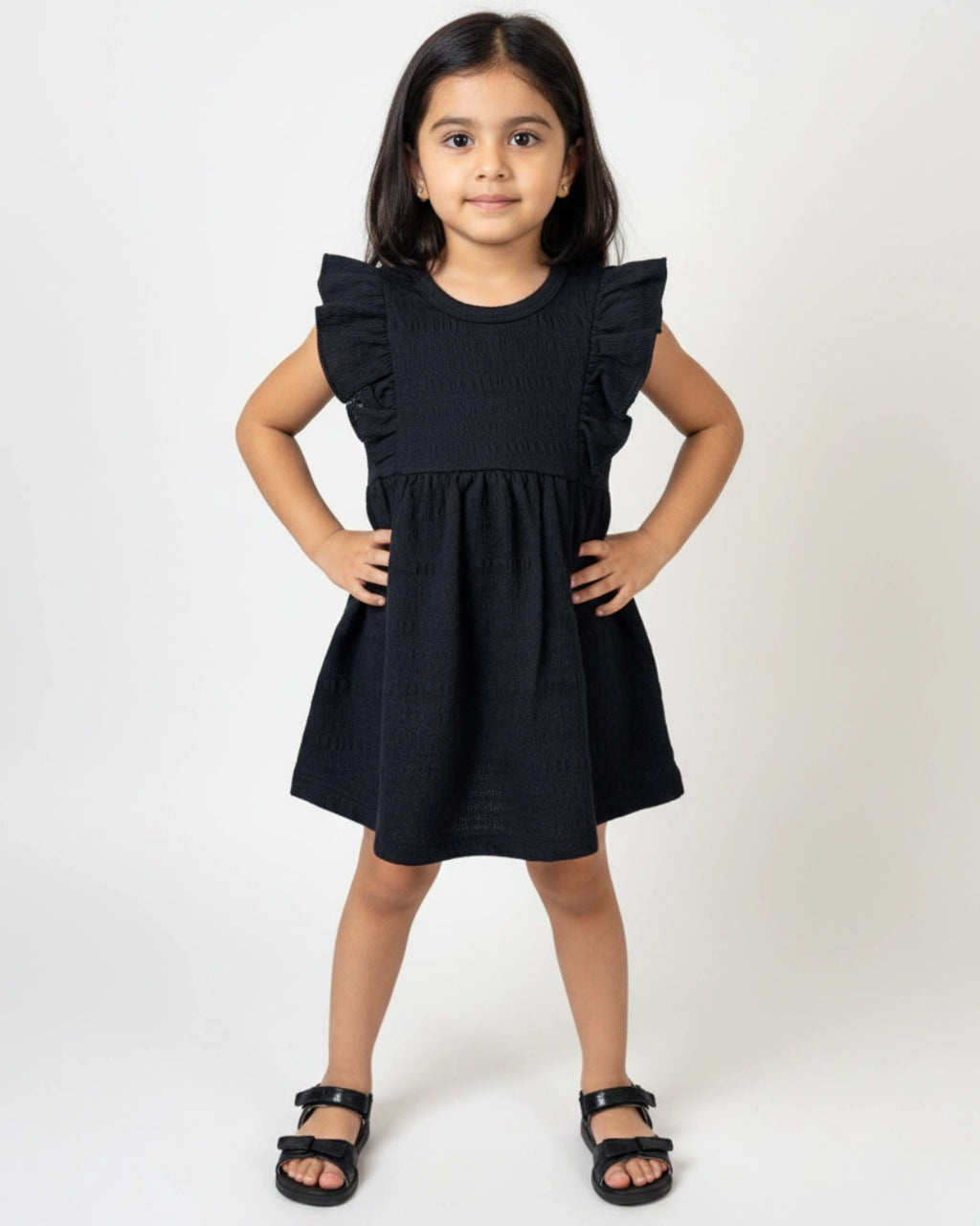 Black Ruffle Frock for Girls (1–6 Years) | Soft Crinkled Cotton Everyday Dress