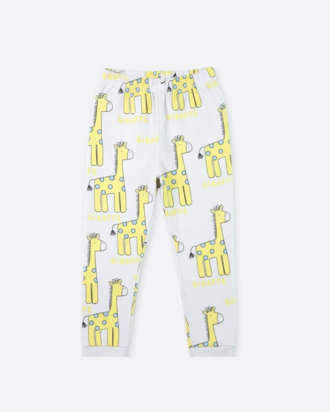 White pant with yellow giraffe pattern on a white background