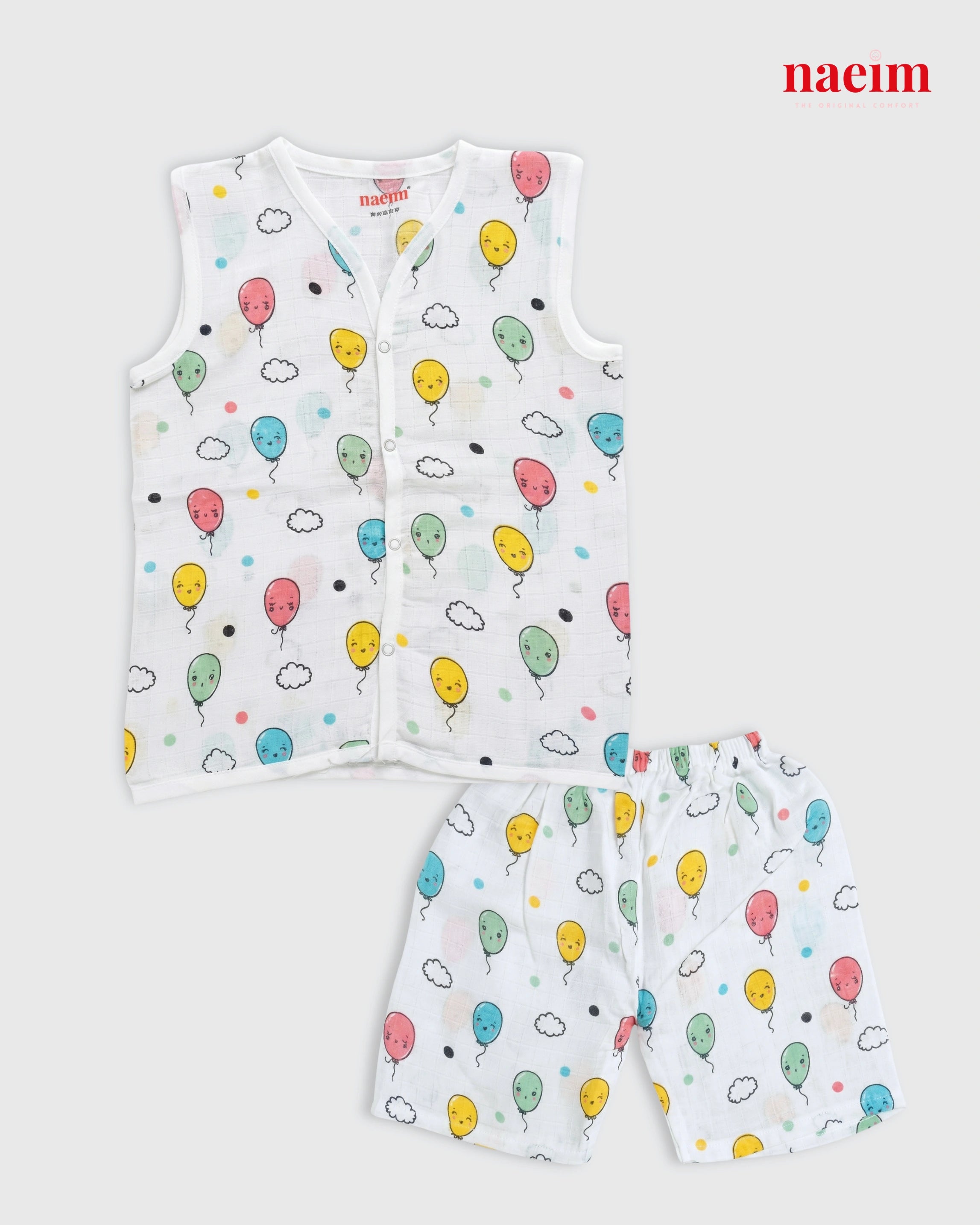 Muslin Sleeveless Jabla & Shorts Set - Whimsical Summer Wear - Cheerful Balloons