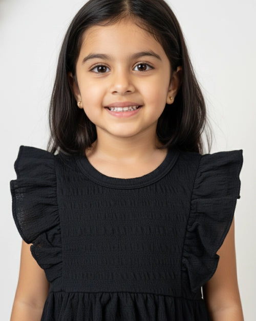 Black Ruffle Frock for Girls (1–6 Years) | Soft Crinkled Cotton Everyday Dress