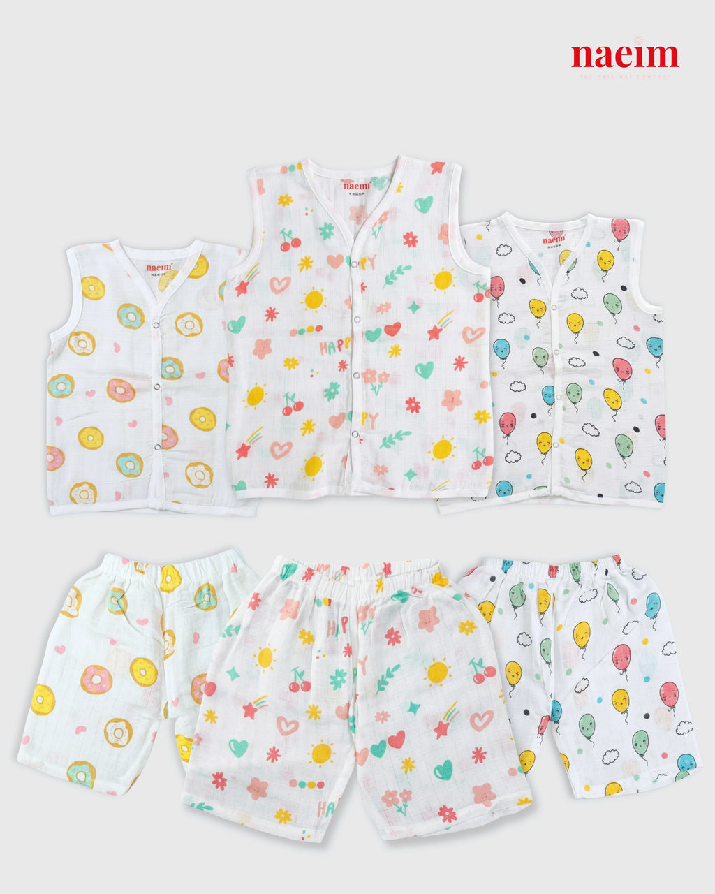 Naeim Pack of 3 Premium Muslin Sleeveless Jabla & Shorts Set - Ultimate Summer Value Bundle for Kids