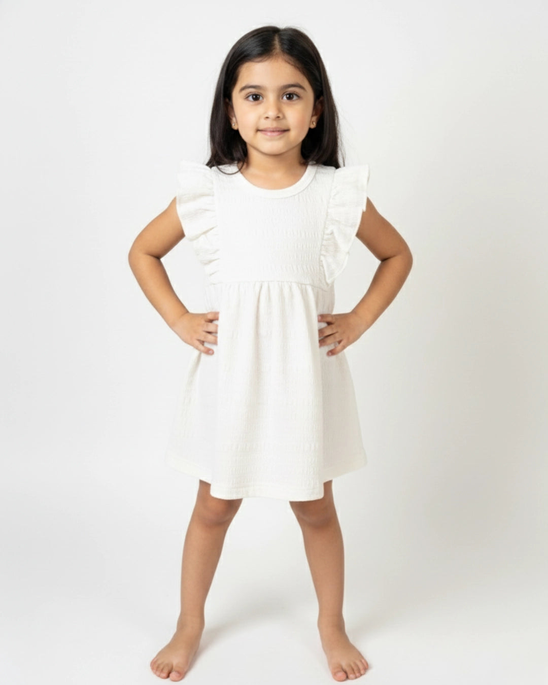 White Ruffle Frock for Girls (1–6 Years) | Soft Crinkled Cotton Everyday Dress