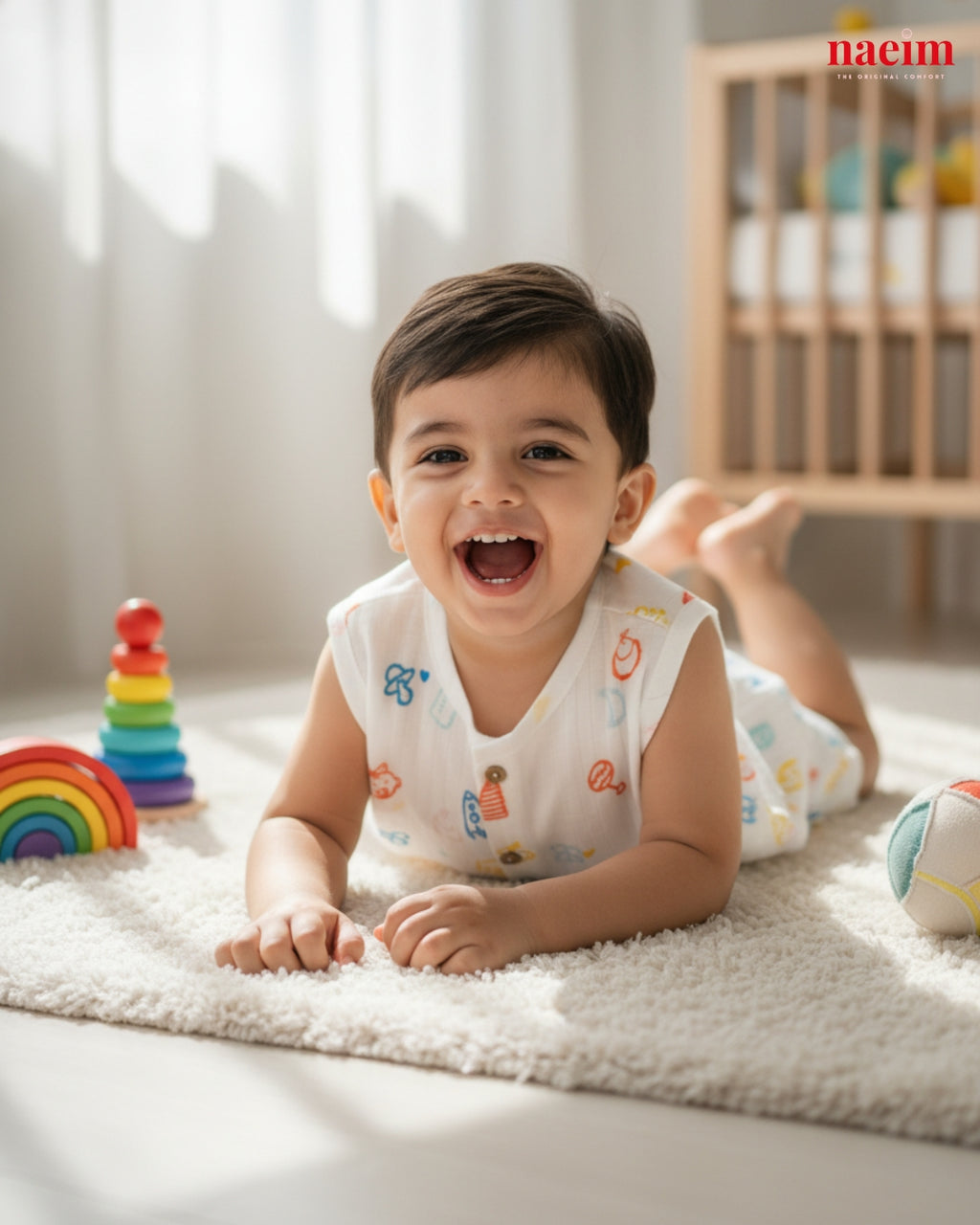 Child  wearing muslin jabla and short set lying on a rug with toys around, smiling