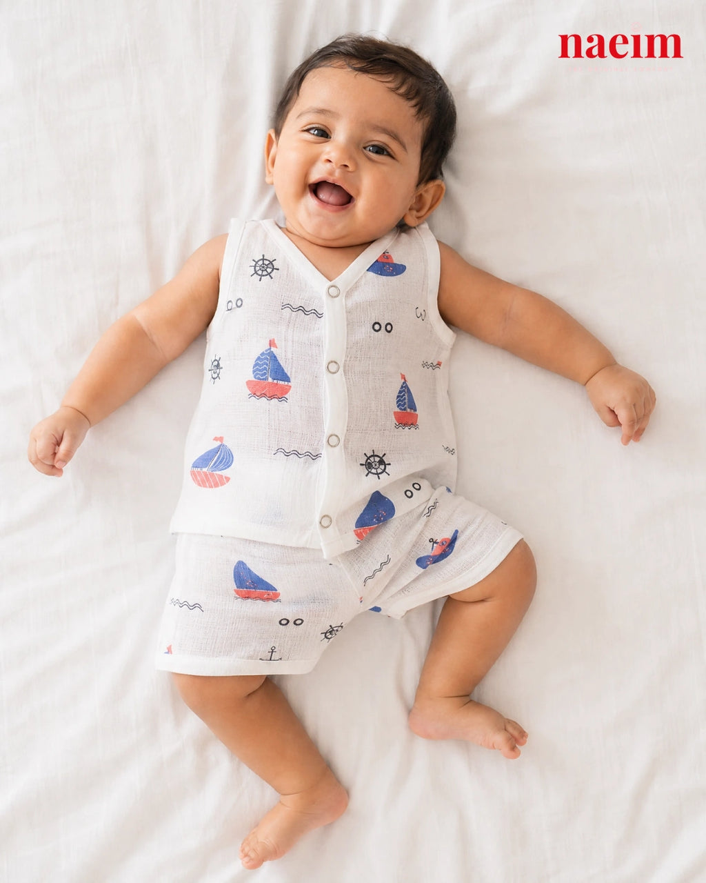 NAEIM Premium Muslin Jabla & Shorts Set – Little Sailor Print | Soft Cotton Baby Clothing | All Season Wear