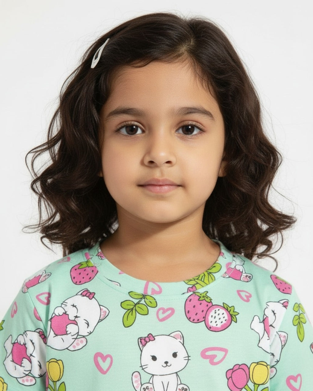 Young girl wearing a light green shirt with cartoon cat designs on a white background