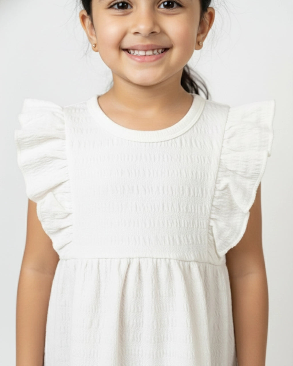 White Ruffle Frock for Girls (1–6 Years) | Soft Crinkled Cotton Everyday Dress