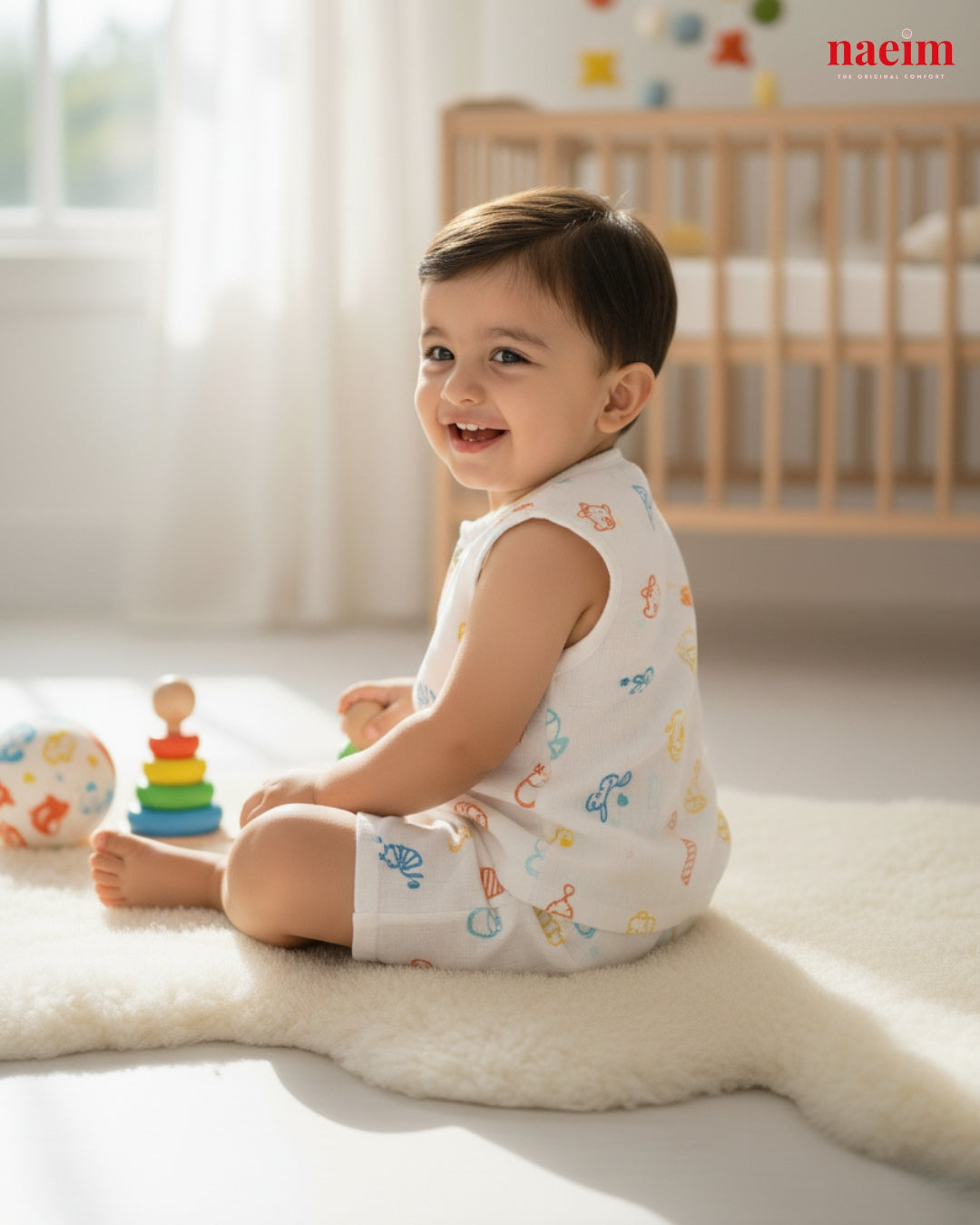 Baby  wearing muslin jabla and short set sitting on a rug in a nursery with toys and a crib in the background, featuring the naeim brand.