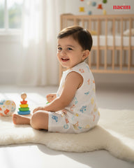 Baby  wearing muslin jabla and short set sitting on a rug in a nursery with toys and a crib in the background, featuring the naeim brand.