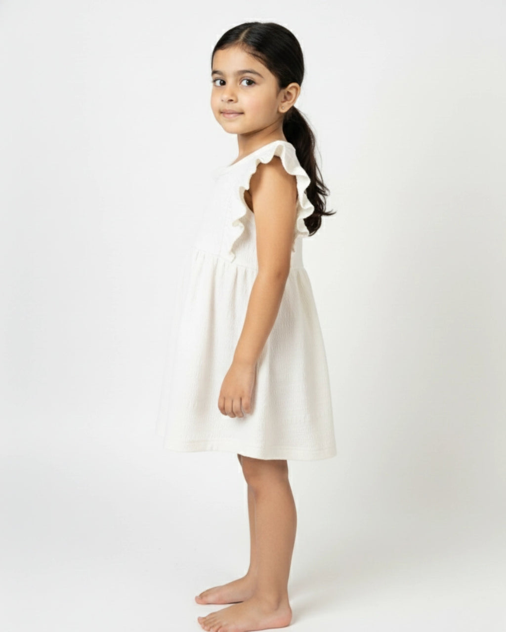 White Ruffle Frock for Girls (1–6 Years) | Soft Crinkled Cotton Everyday Dress