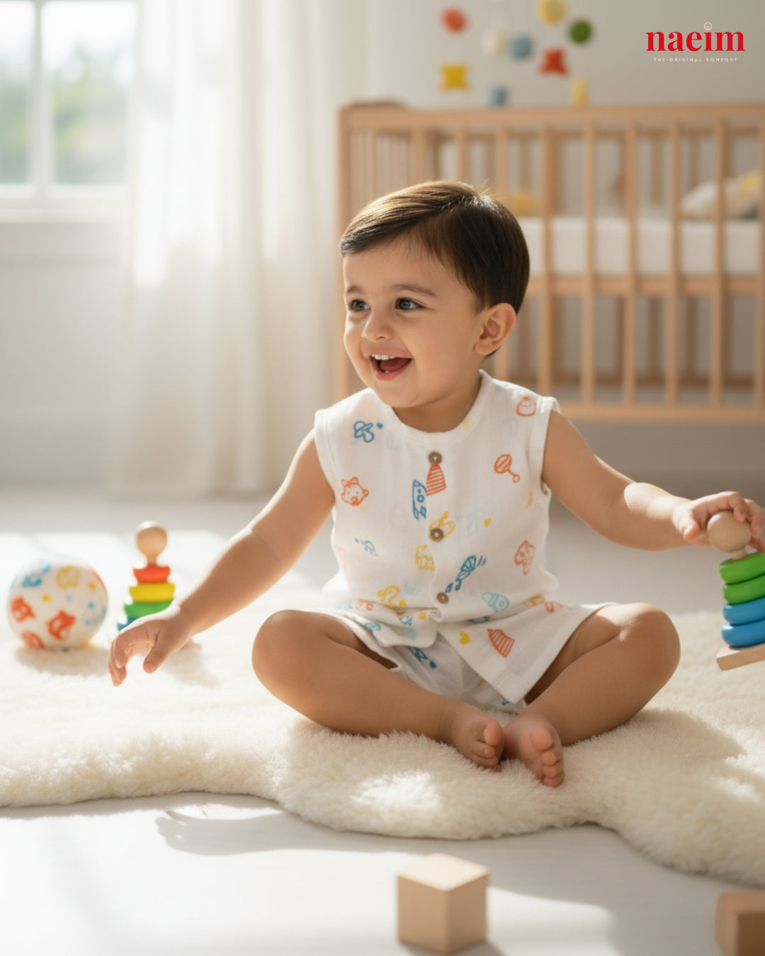 Baby wearing muslin jabla and short set sitting on a white rug with toys around, wearing a colorful sleeveless top.