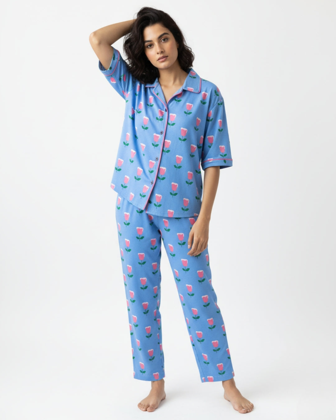 The Tulip Garden Pajama Set (Half-sleeve) | 200 GSM