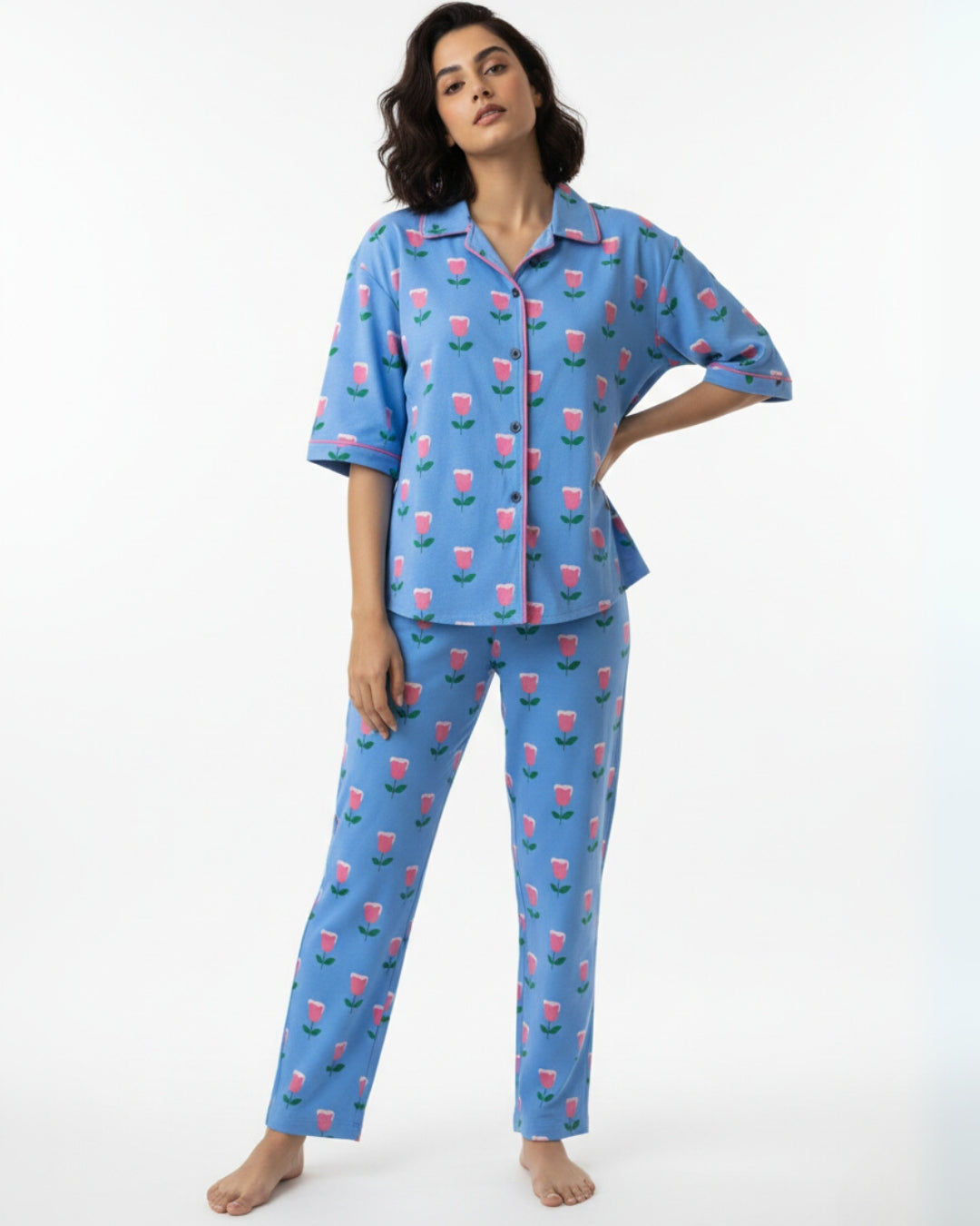The Tulip Garden Pajama Set (Half-sleeve) | 200 GSM