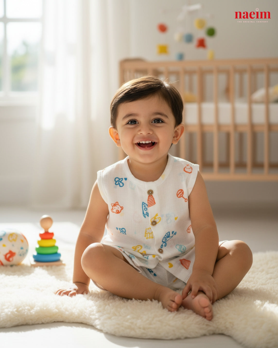 Child  wearing muslin jabla and short set sitting on a rug in a nursery with toys and a crib in the background, wearing a bib with colorful patterns.