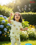 Child wear pajama set blowing bubbles in a garden with flowers and greenery