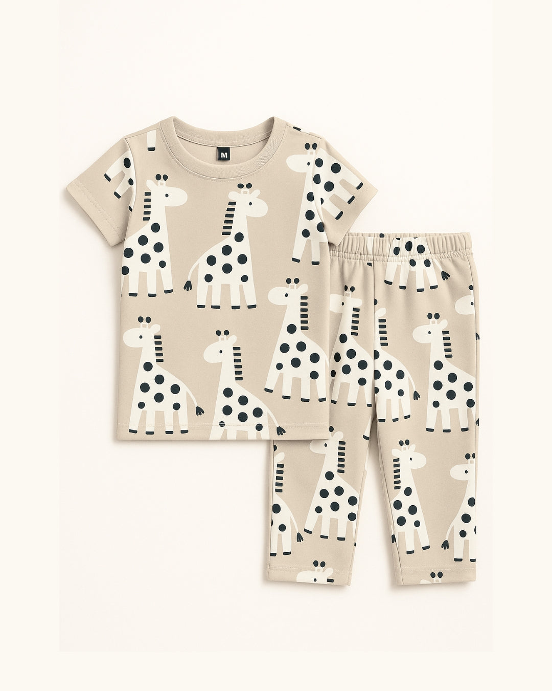 Children's pajama set with giraffe and zebra pattern on a beige background