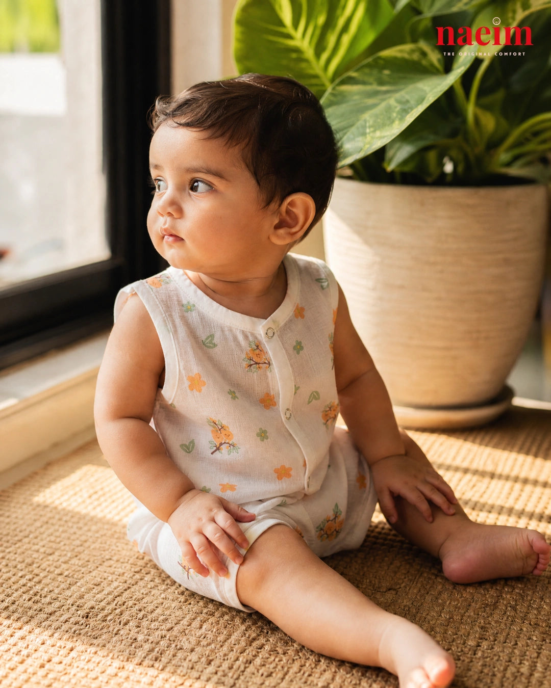 NAEIM Premium Muslin Jabla & Shorts Set – Orange Blossom Print | Cotton Baby Clothing | Soft All Season Wear