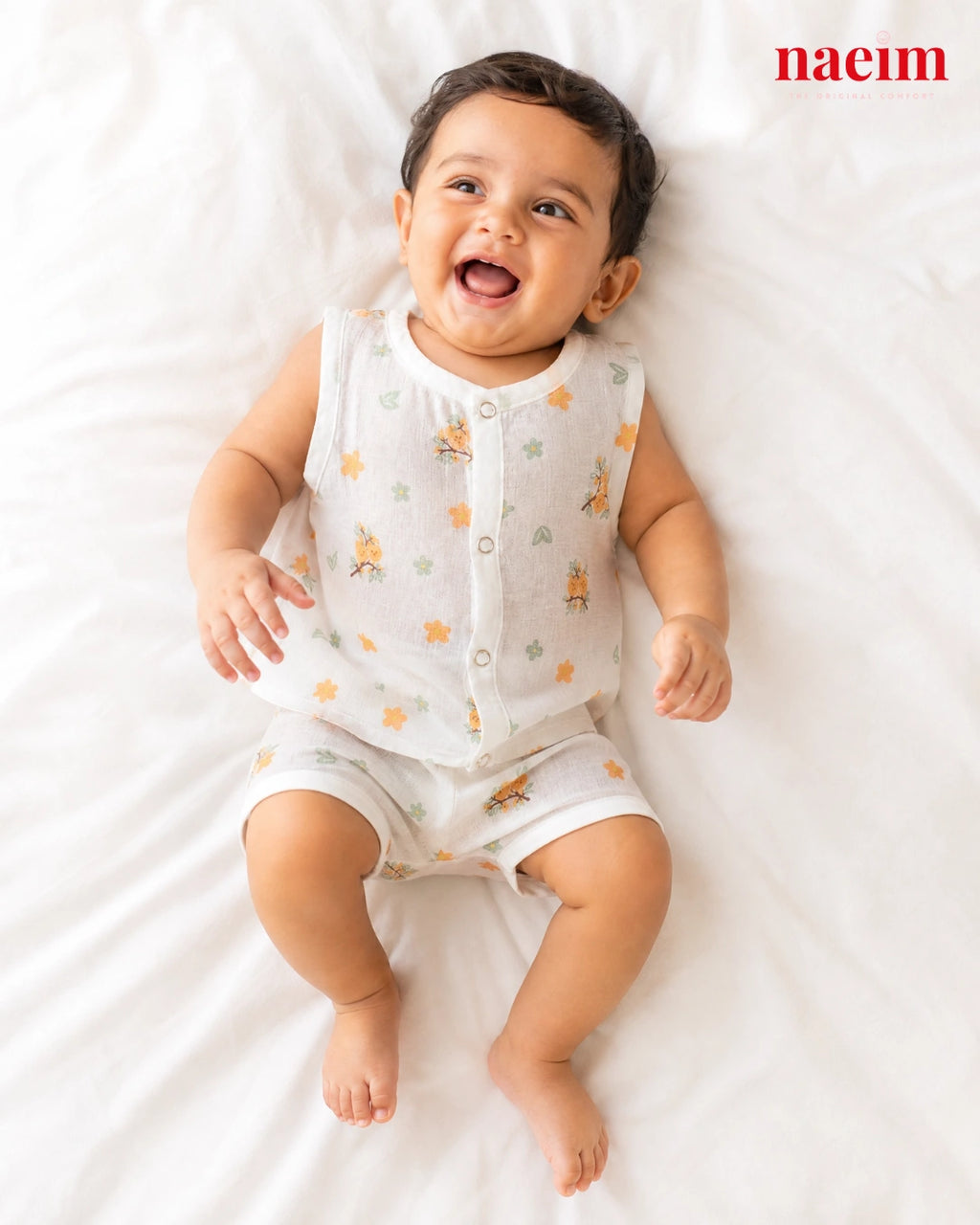NAEIM Premium Muslin Jabla & Shorts Set – Orange Blossom Print | Cotton Baby Clothing | Soft All Season Wear