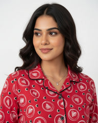Red Heartbeat Pajama Set (Half sleeve) | 200 GSM