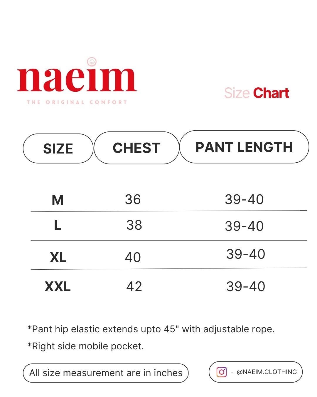 Naeim size chart for clothing with measurements in inches.