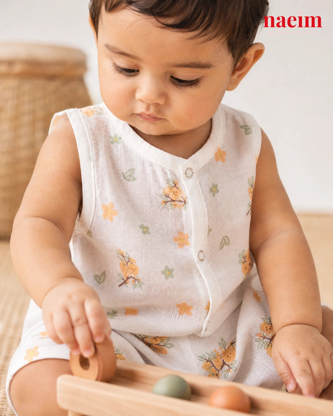 NAEIM Premium Muslin Jabla & Shorts Set – Orange Blossom Print | Cotton Baby Clothing | Soft All Season Wear