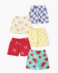 Girls Cotton Shorts Combo Pack (Assorted) – Pack of 5 Printed Casual Shorts for Baby Girls (1–6 Years)