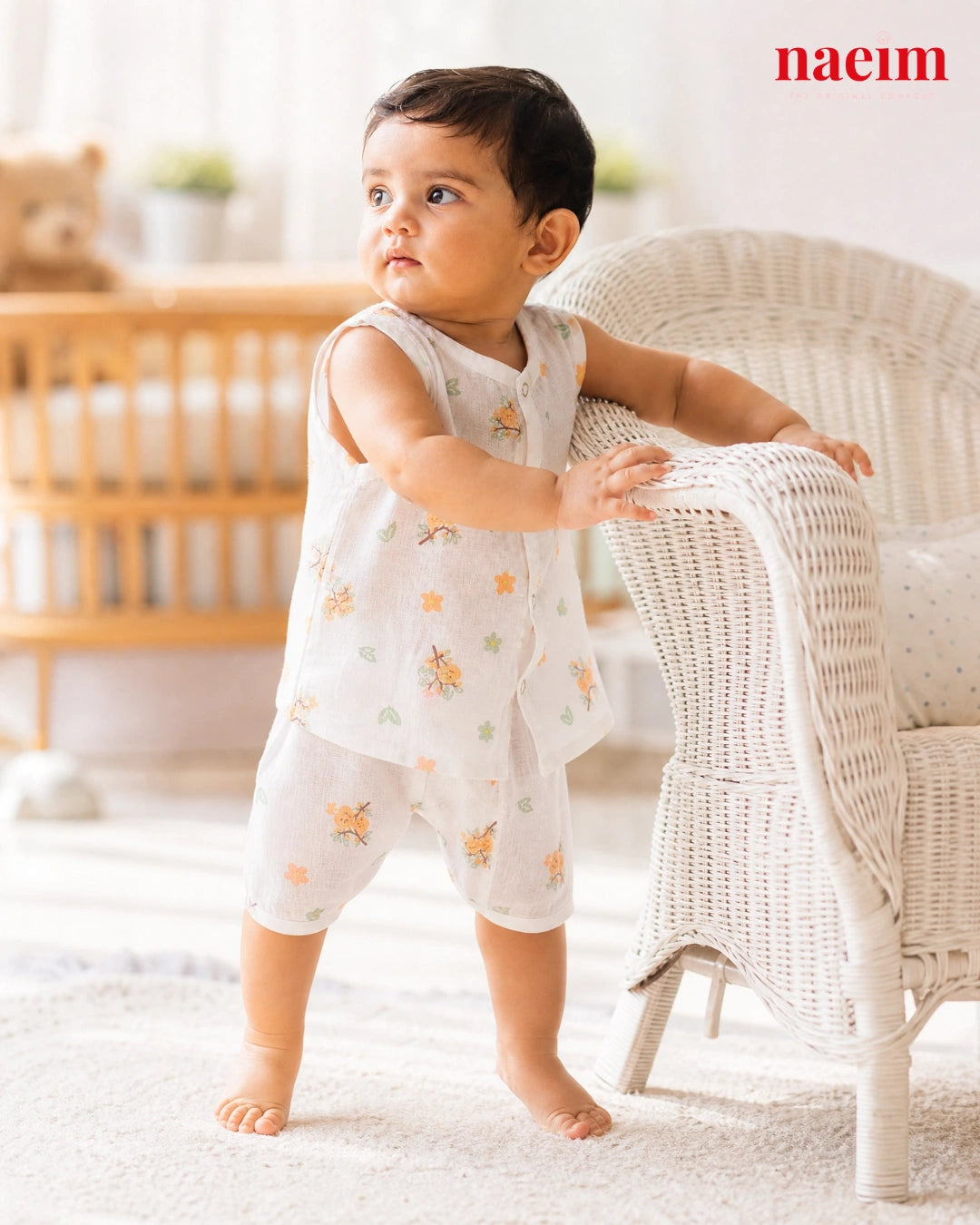 NAEIM Premium Muslin Jabla & Shorts Set – Orange Blossom Print | Cotton Baby Clothing | Soft All Season Wear