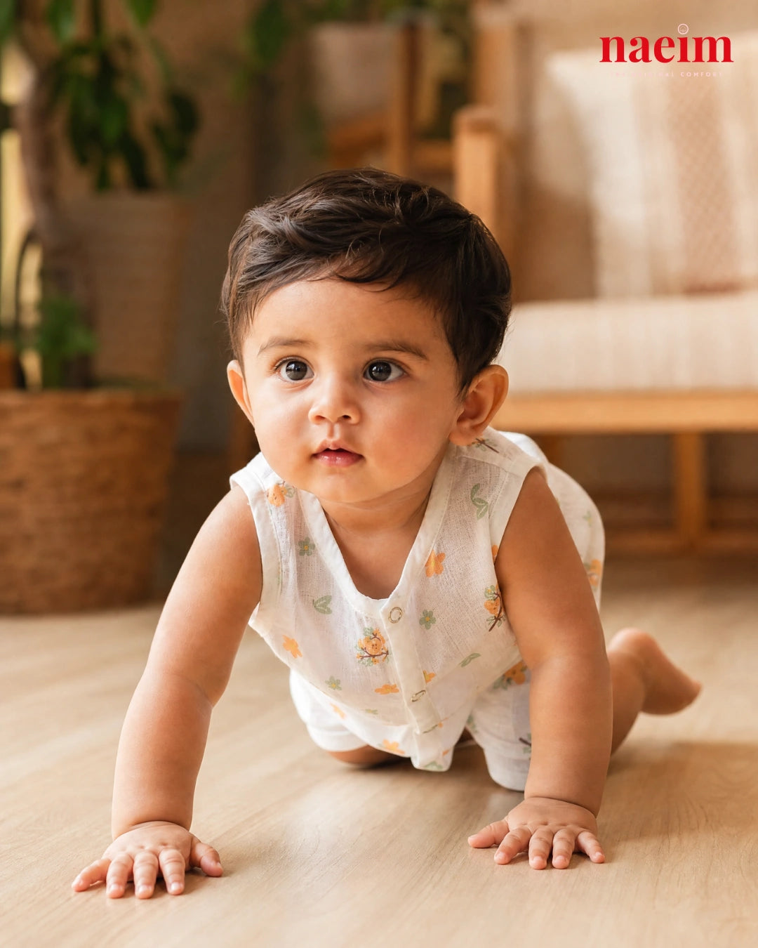 NAEIM Premium Muslin Jabla & Shorts Set – Orange Blossom Print | Cotton Baby Clothing | Soft All Season Wear