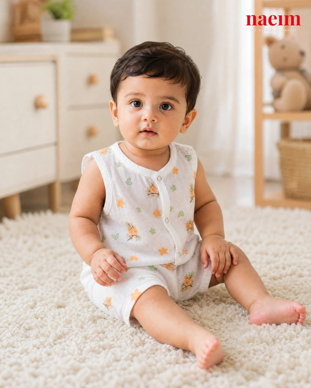 NAEIM Premium Muslin Jabla & Shorts Set – Orange Blossom Print | Cotton Baby Clothing | Soft All Season Wear