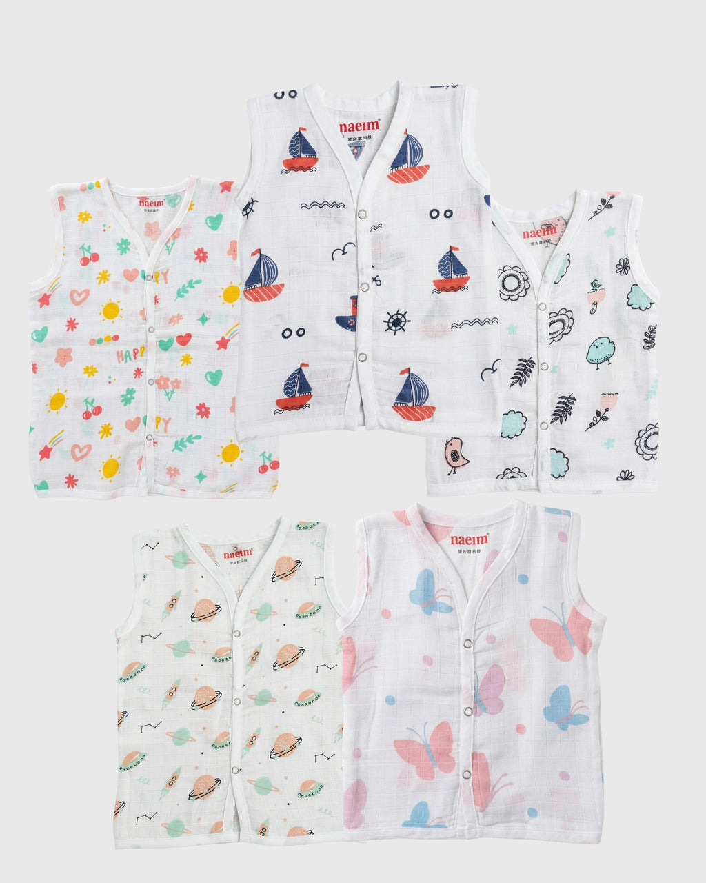 Set of children's muslin vests with various patterns on a white background