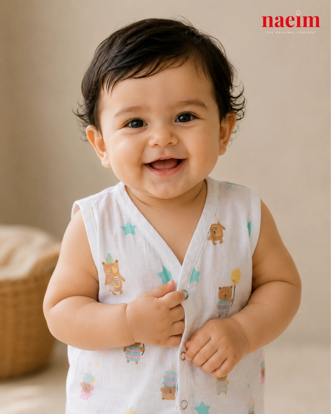 NAEIM Premium Muslin Jabla & Shorts Set for Baby Boys & Girls – Teddy Balloon Print | 100% Cotton Muslin | All Season Baby Wear