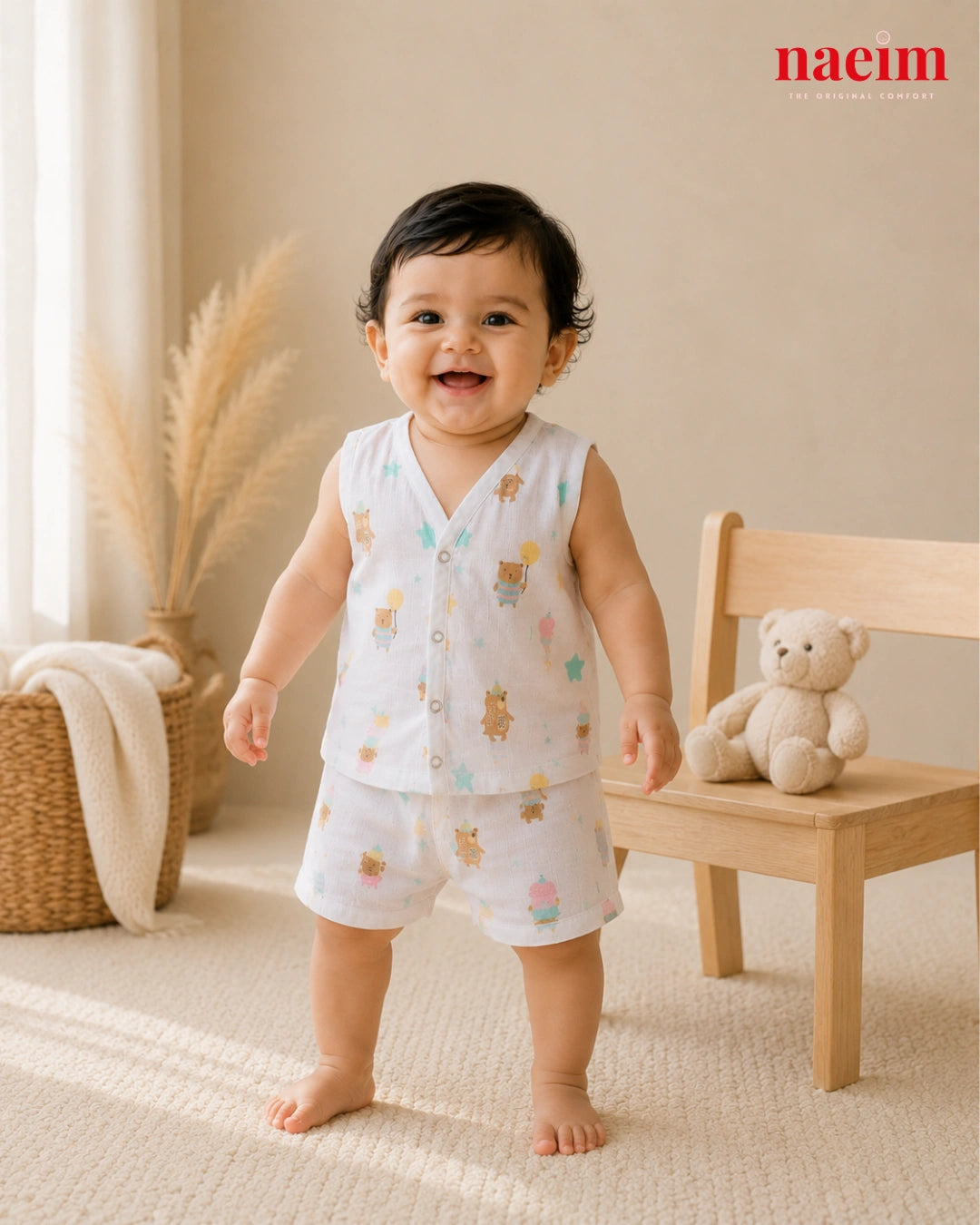 NAEIM Premium Muslin Jabla & Shorts Set for Baby Boys & Girls – Teddy Balloon Print | 100% Cotton Muslin | All Season Baby Wear