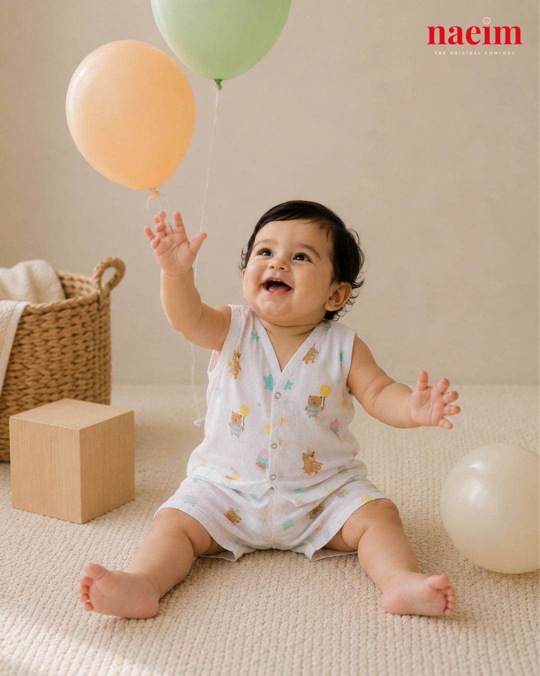 NAEIM Premium Muslin Jabla & Shorts Set for Baby Boys & Girls – Teddy Balloon Print | 100% Cotton Muslin | All Season Baby Wear