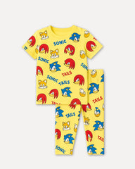 Children's pajama set with Sonic the Hedgehog characters on a yellow background