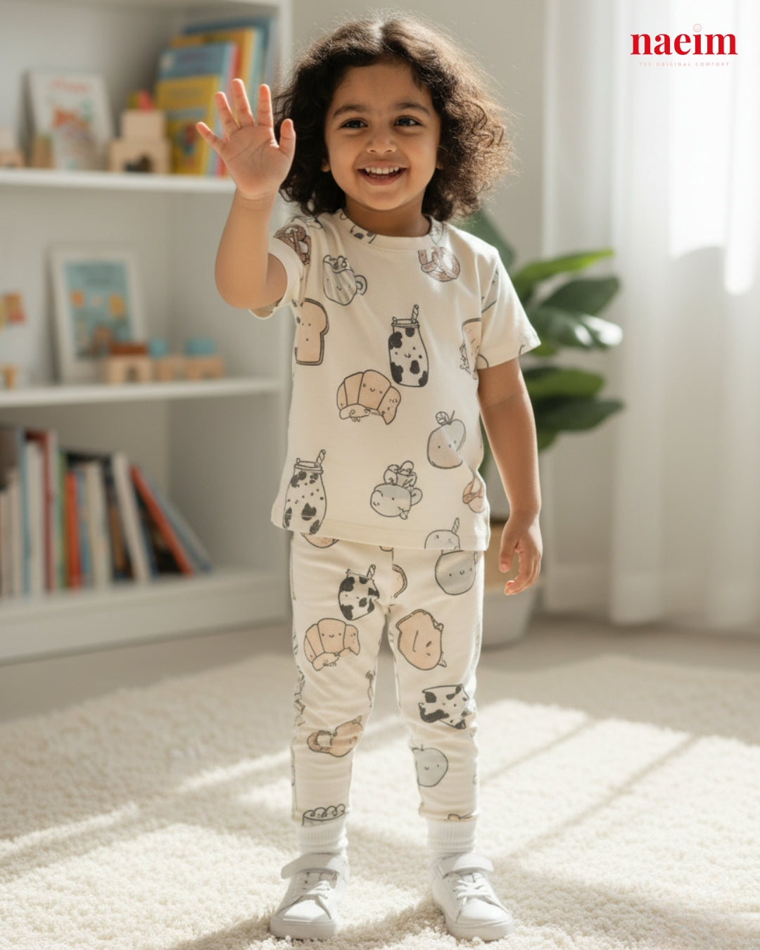 Child wearing pajamas with animal prints in a room with books and a plant.