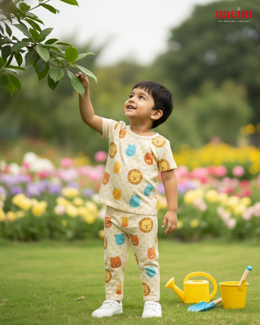 Kids in a pajama set on a garden with flowers and toys, wearing a colorful outfit.