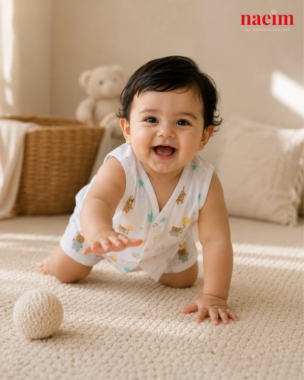 NAEIM Premium Muslin Jabla & Shorts Set for Baby Boys & Girls – Teddy Balloon Print | 100% Cotton Muslin | All Season Baby Wear