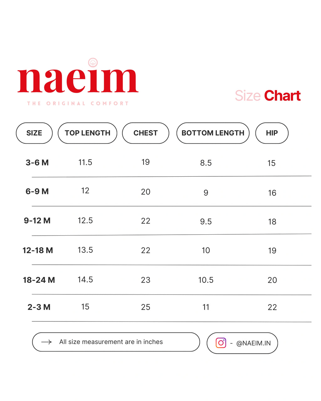 Naeim size chart for children's clothing with measurements in inches.