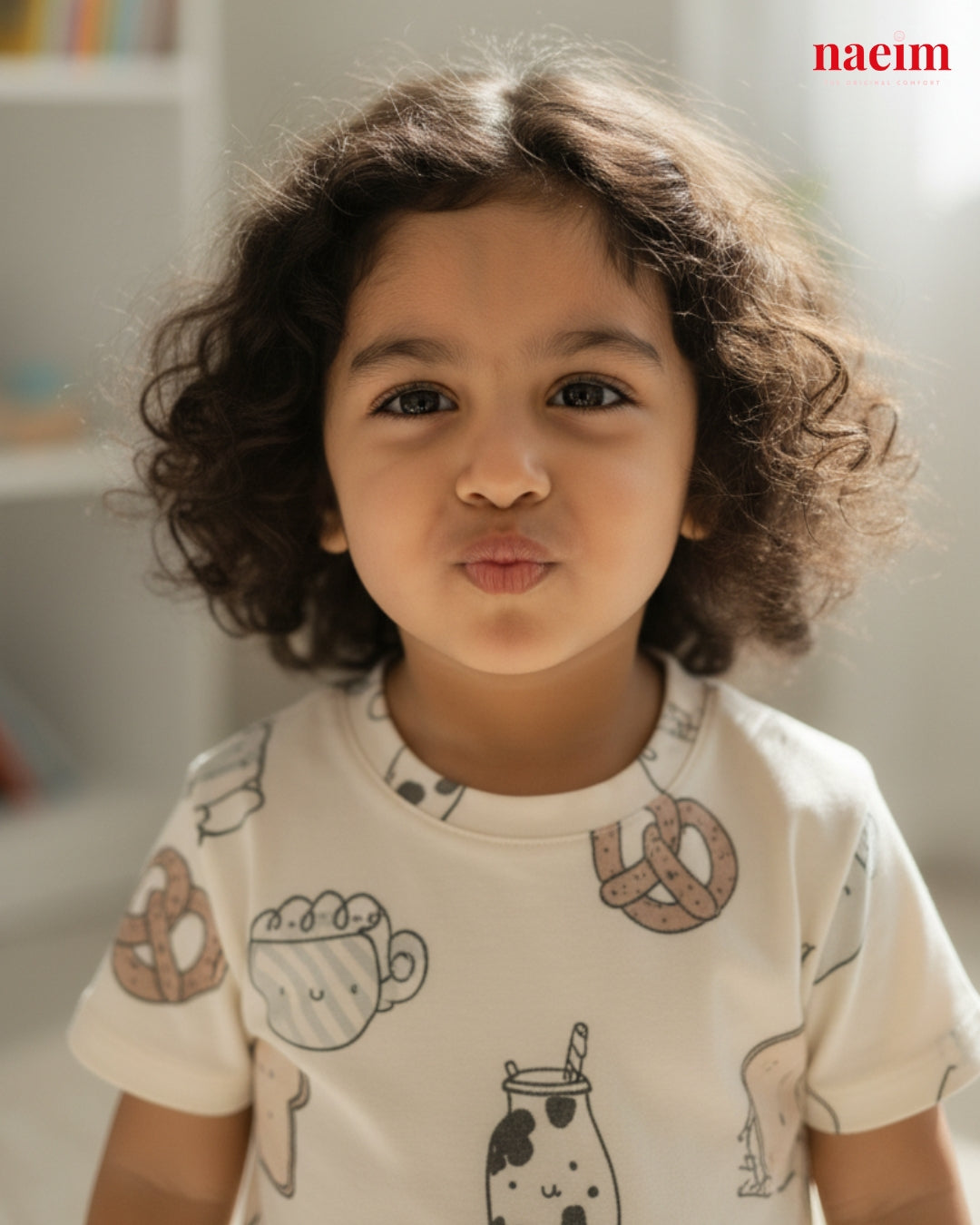 Child wearing a shirt with food-themed designs in a casual setting
