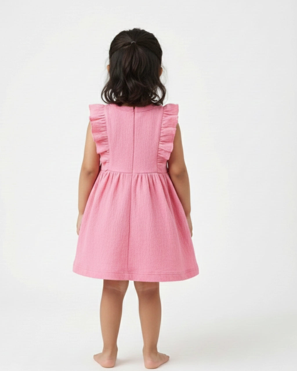 Soft pink ruffle frock for girls aged 1–6 years, made with crinkled and stretchable cotton fabric. Lightweight, breathable, and perfect for everyday wear in Indian weather.