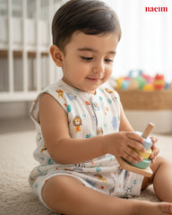 Child wearing muslin jabla short is playing with a wooden toy in a bright room with 'naeim' branding.