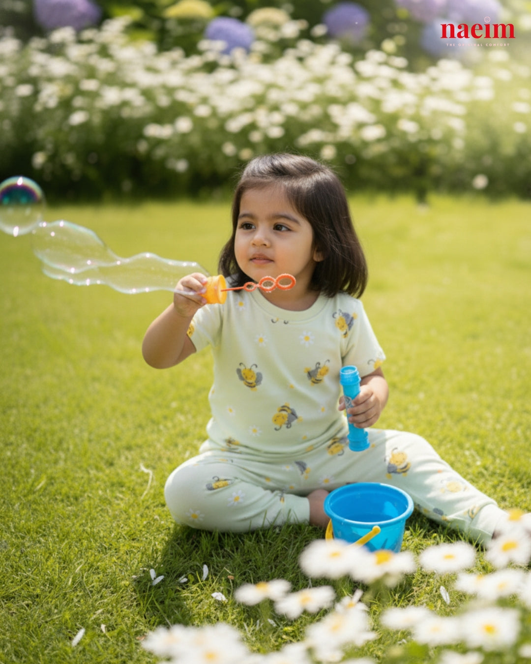 Child in pajama blowing bubbles in a grassy area with flowers