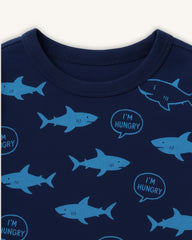 Navy blue shirt with blue shark patterns and 'I'm Hungry' text on a white background
